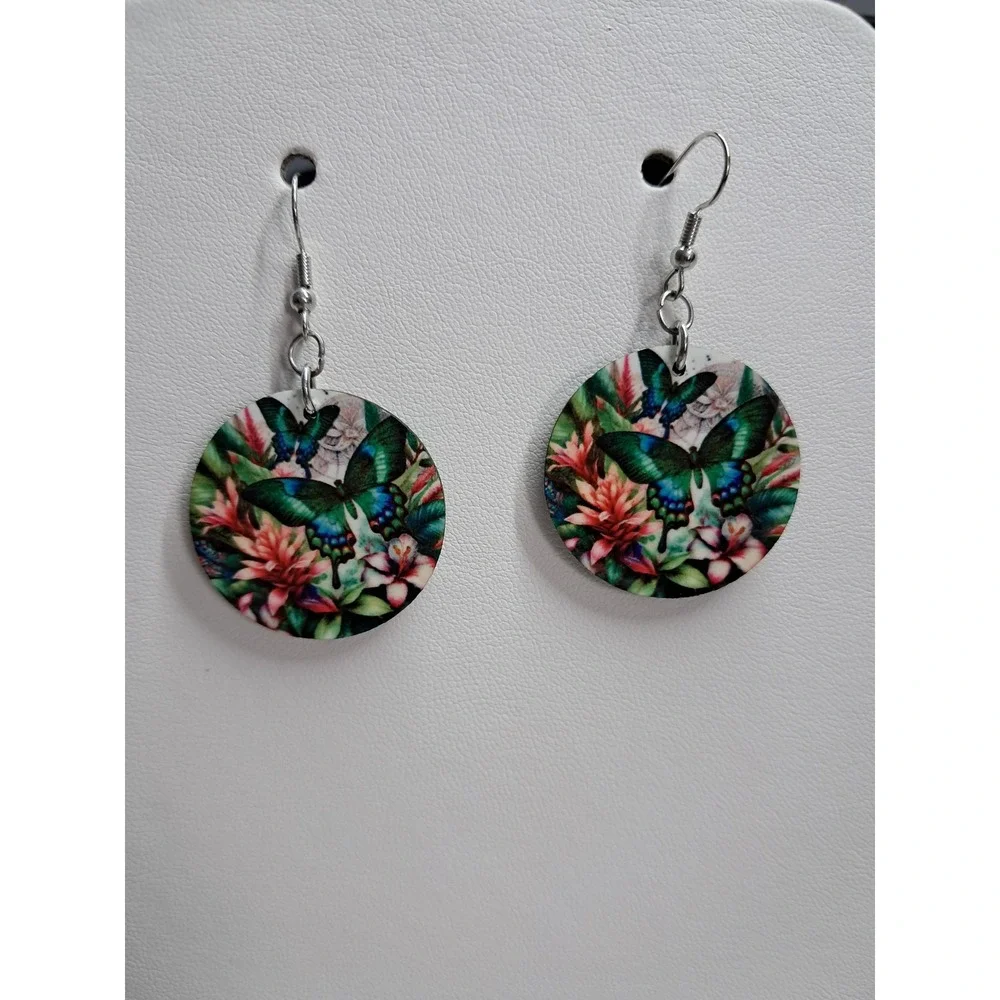 Butterfly Floral Round Drop Earrings Teal Green Pink Nature Inspired‎ Dangle